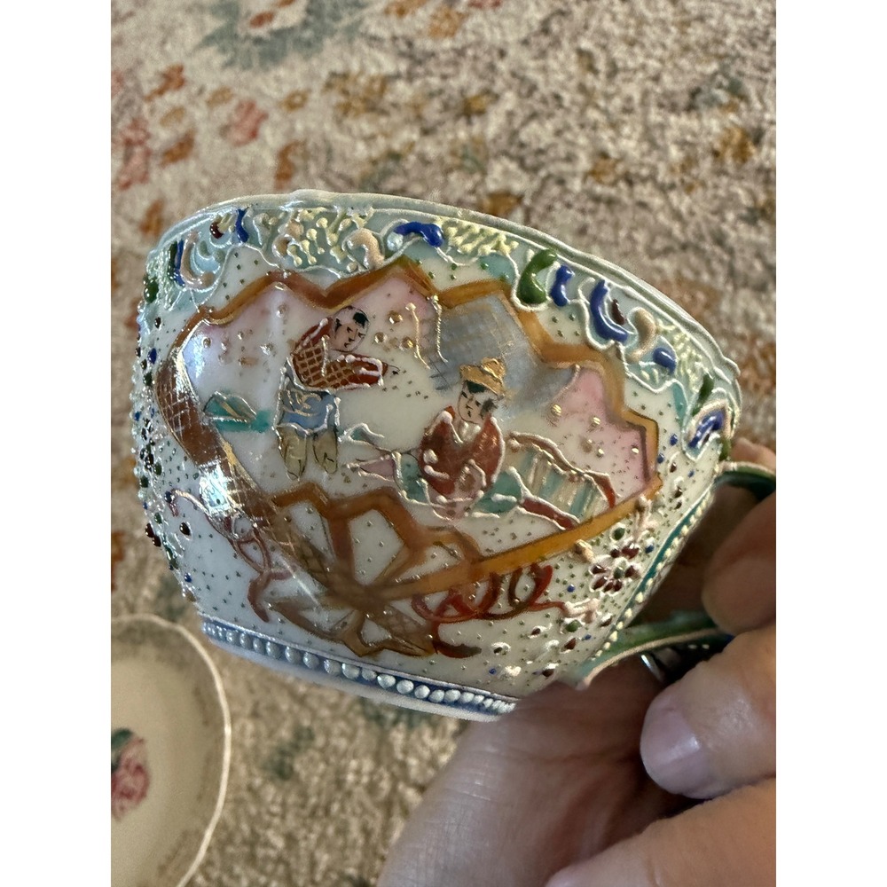 Vtg Japanese Satsuma Moriage Eggshell Porcelain Teacup Hand Painted Gold‎ 3.75"